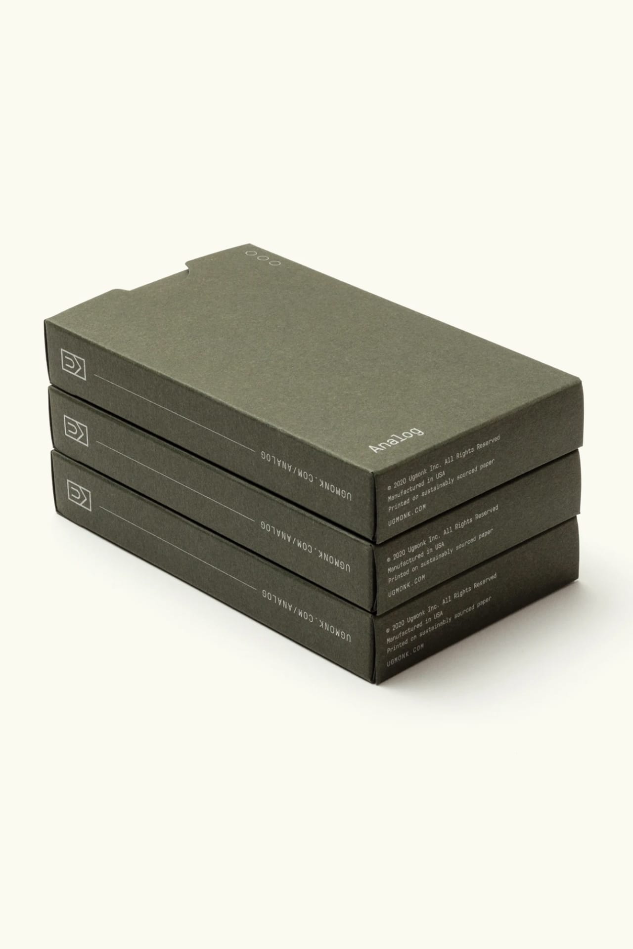 Stack of 3 small drab green cardboard paper card refill boxes with white text.