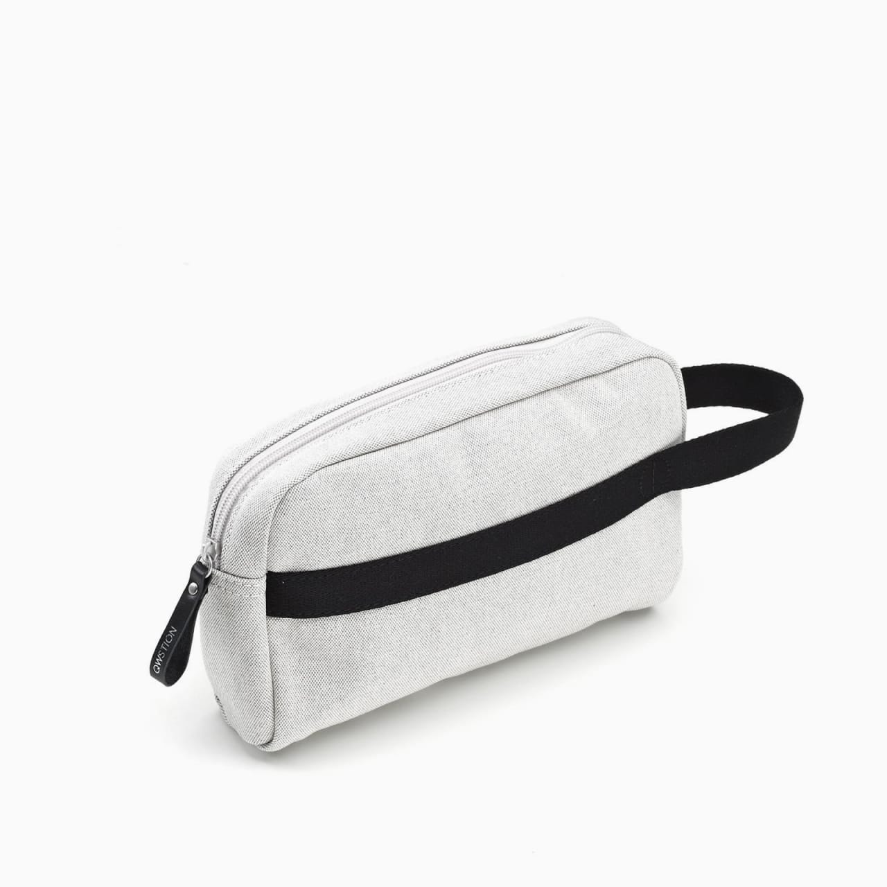 White fabric pouch with white zipper, black zipper pull, and black elastic loop.
