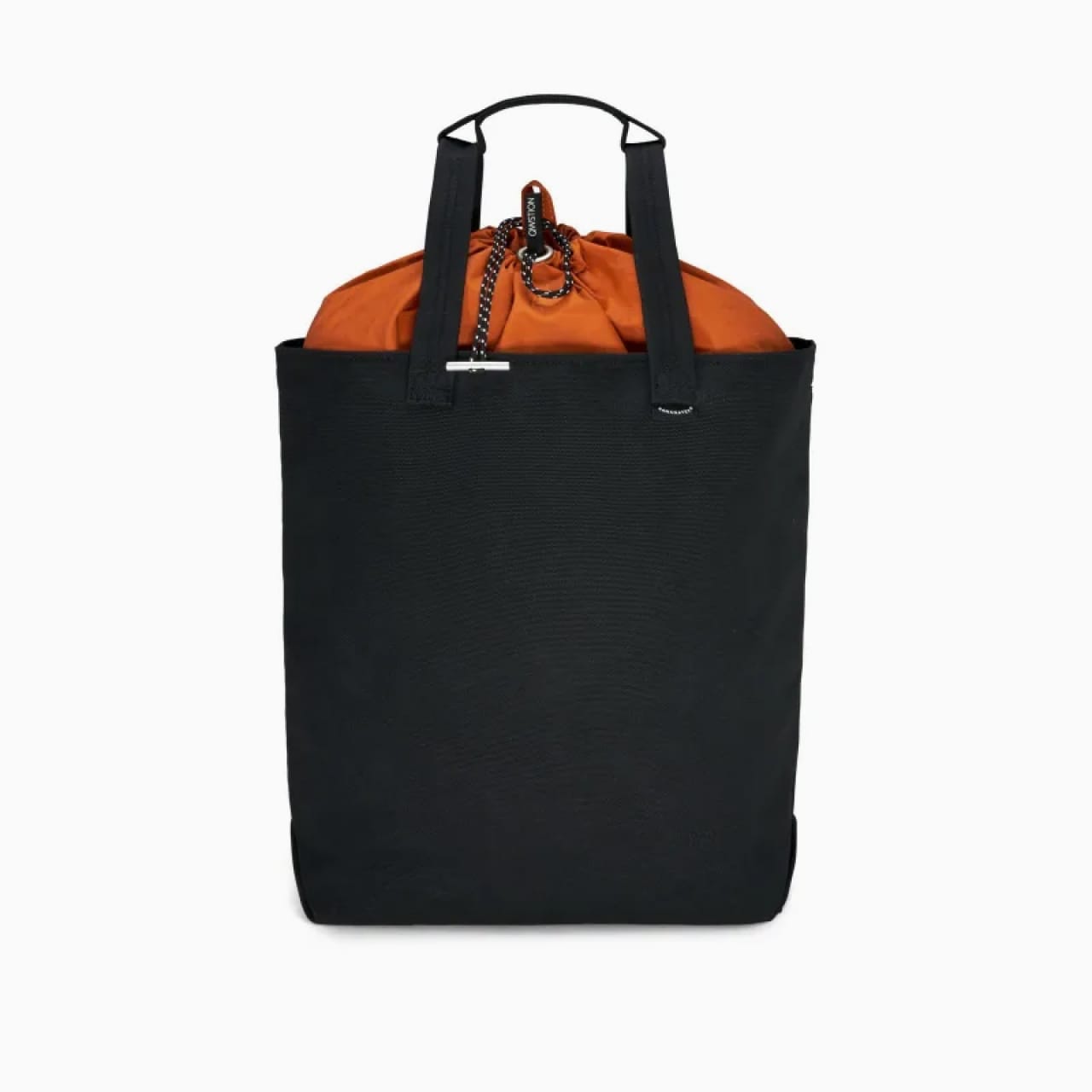 Front of zip tote bag with black canvas, black handles, and orange drawstring top.