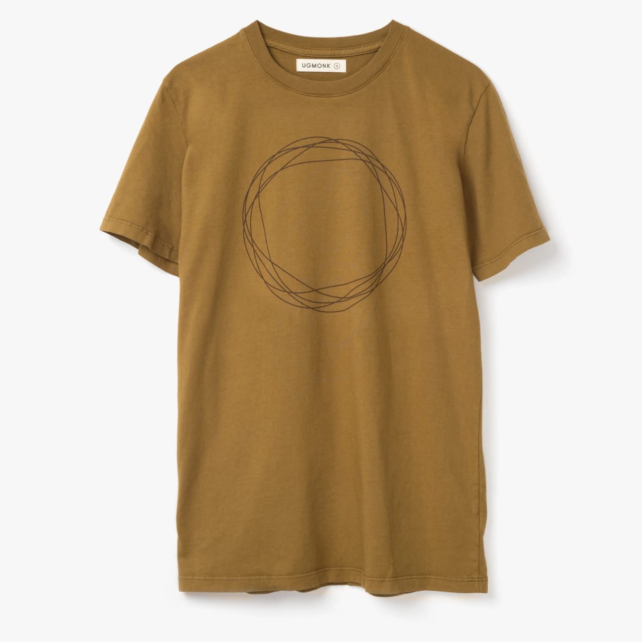 Front of dark clay color tee with black hand drawn circles on chest.