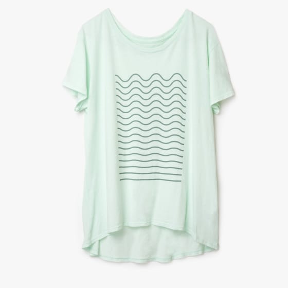 Front of mint cotton t-shirt with wavey lines pattern.