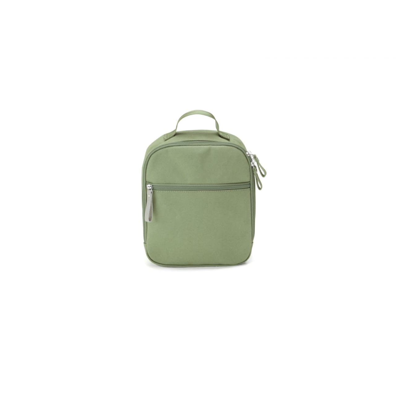 Moss green canvas compact backpack with double top zipper, zipper front pouch, and matching carry handle and backpack straps.