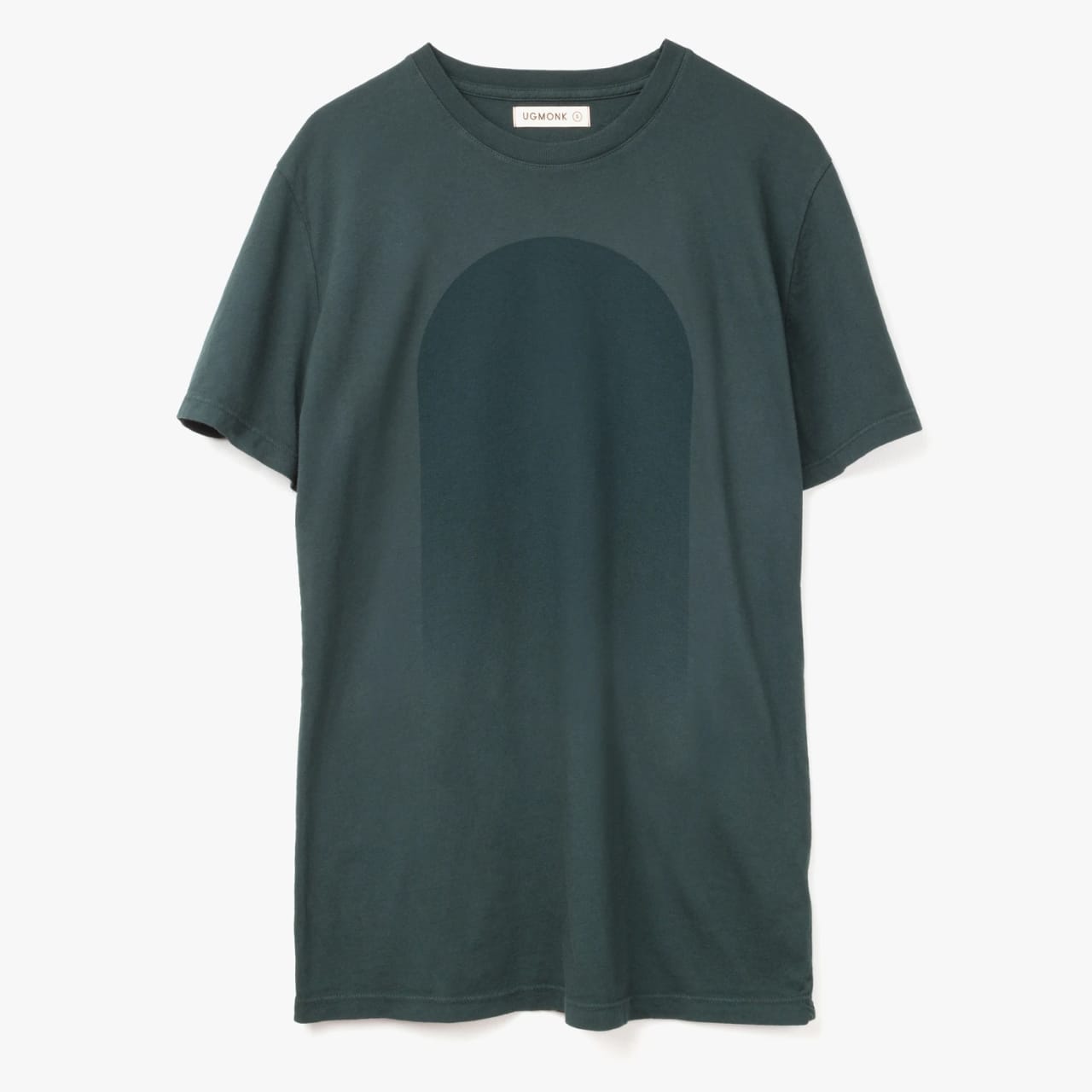 Front of men's artwork tee in dark green with arch-shaped gradient on front.