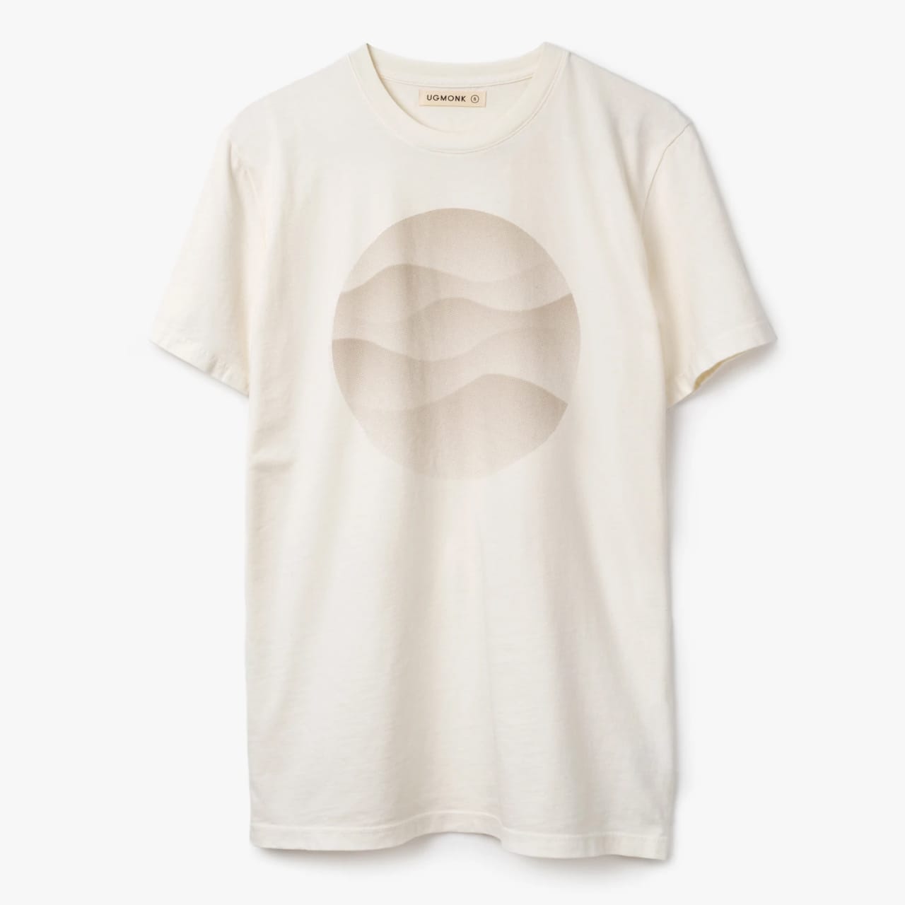 Off-white t-shirt with circular dot illustration on the front of mountain ridges that fade.