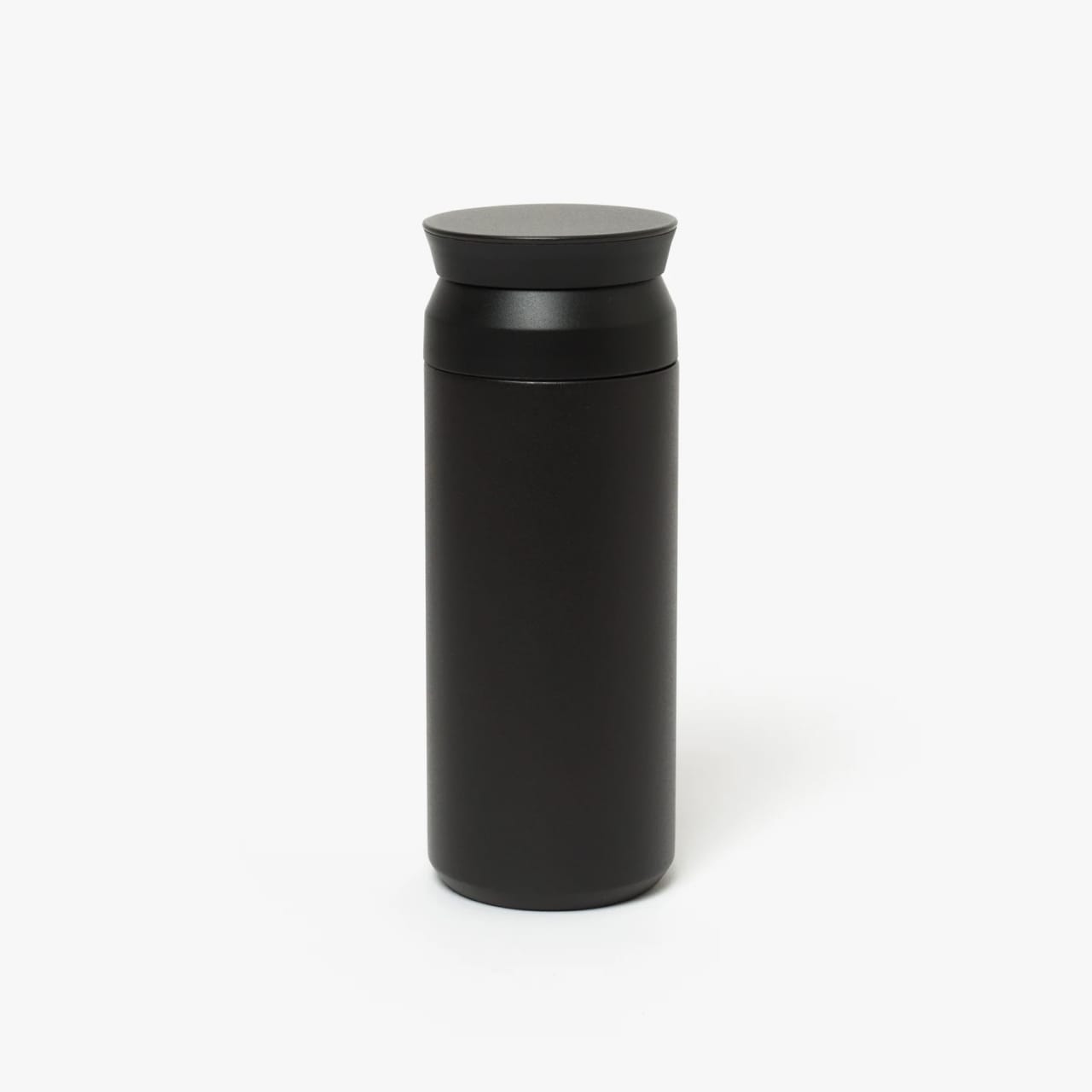 Black insulated bottle with flared screw lid and flat top.