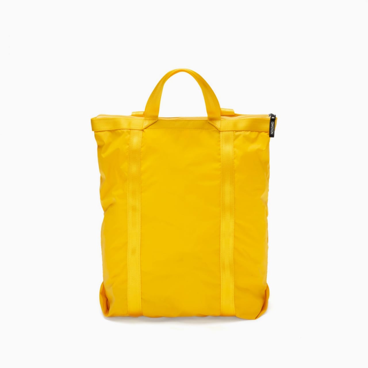 Bright yellow canvas tote with double-stitched straps, handle, and matching zipper.