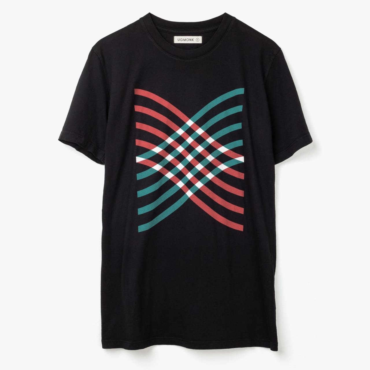Black tee with intersecting red, white, and green curved lines on front.
