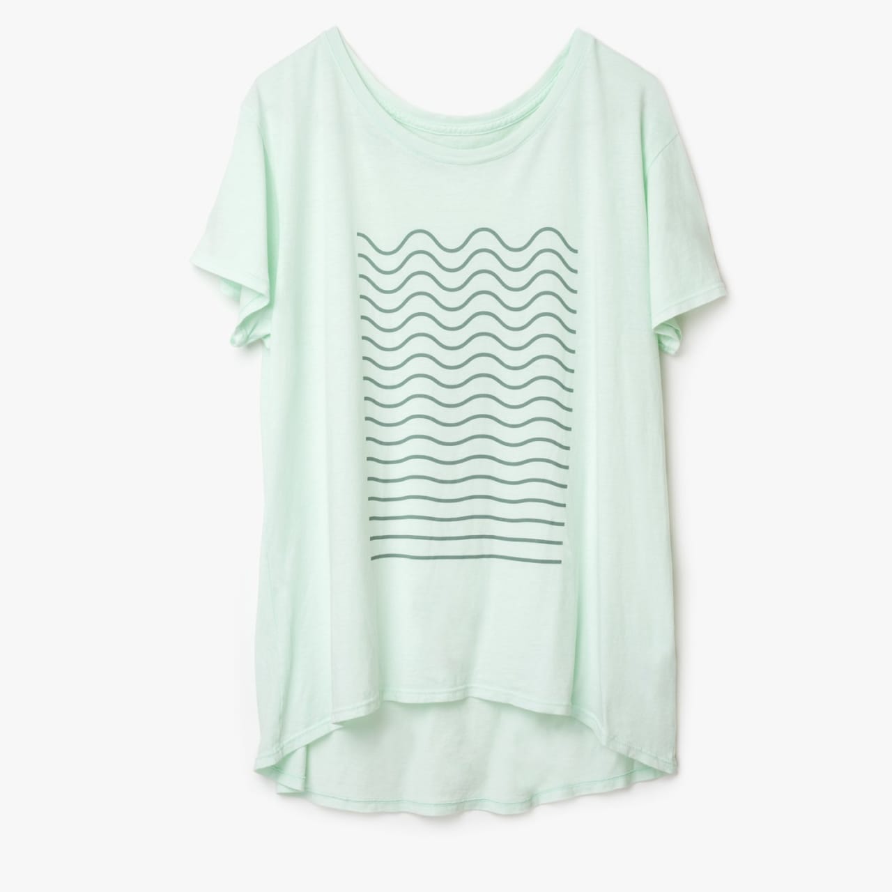 Bright mint green tee with darker green wave line pattern on front.