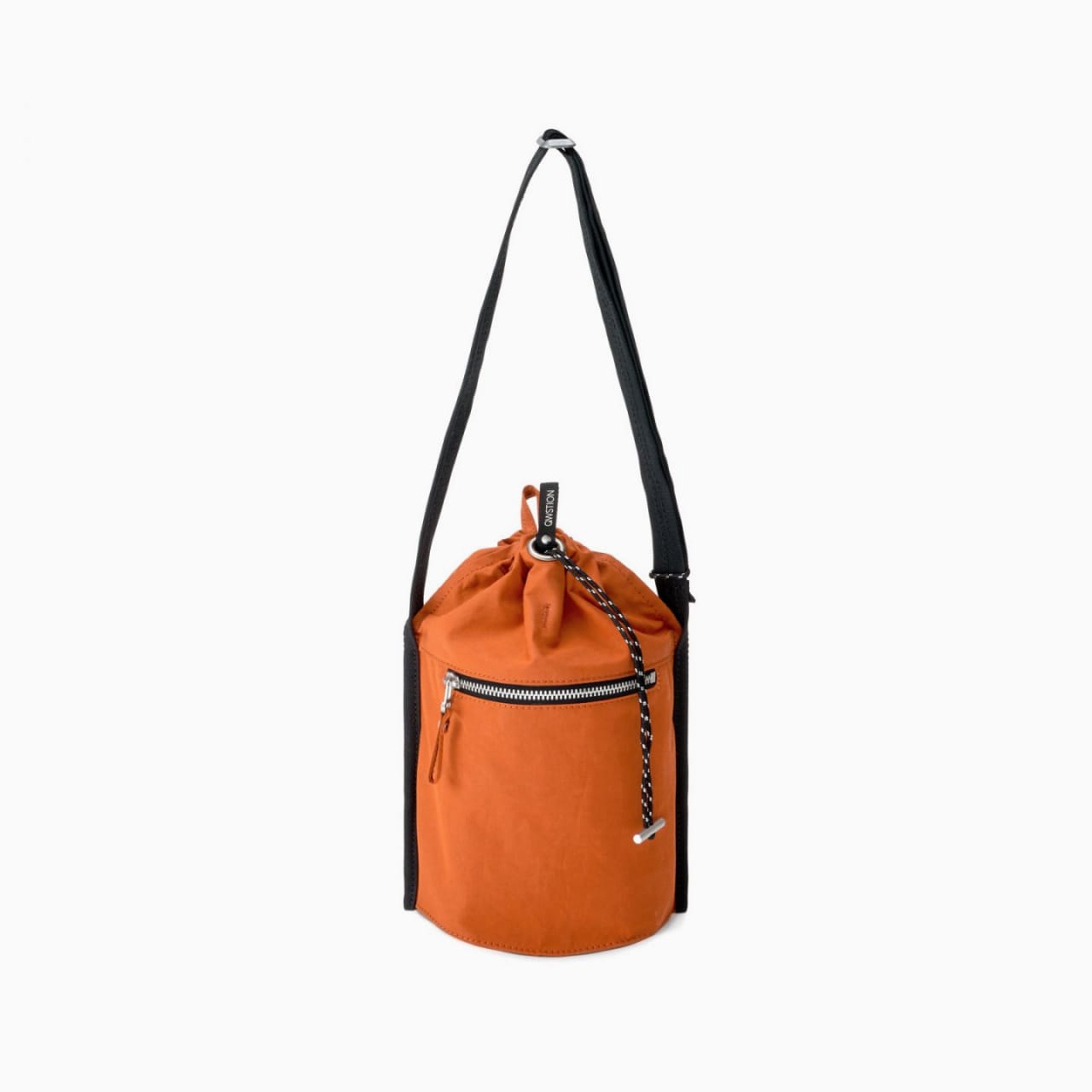 Orange canvas cylindrical bag with drawstring top, front zipper pouch, and black shoulder strap.