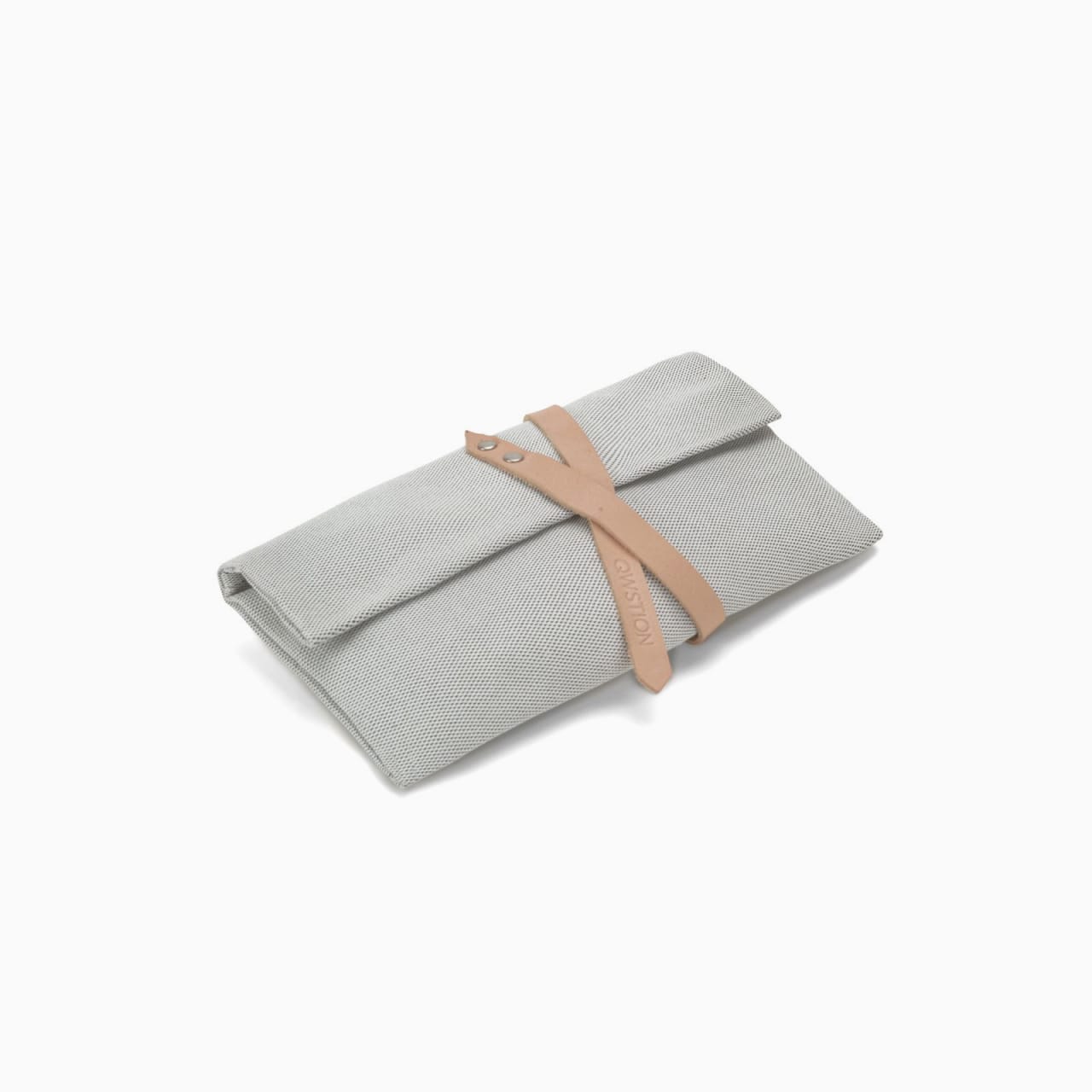 Light grey canvas pouch with leather wrap strap and fold flap.