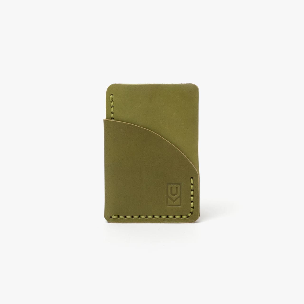 Olive green leather card-sized wallet with matching hand stitched and embossed logo on lower right.