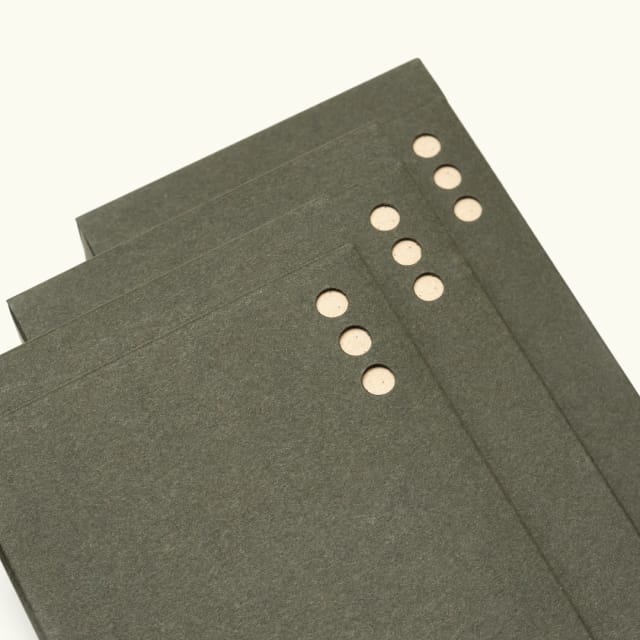 Stack of three green cardstock boxes with 3 hole cutouts showing cards inside.