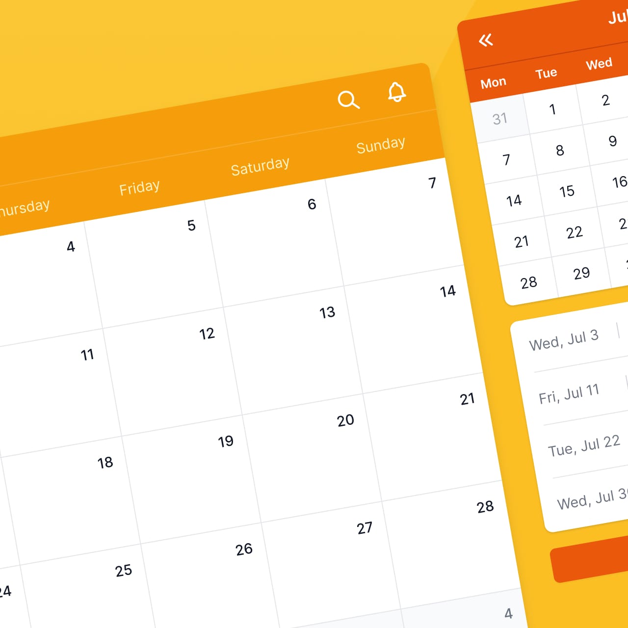 Calendar user interface screenshot with icon buttons and orange-yellow theme.