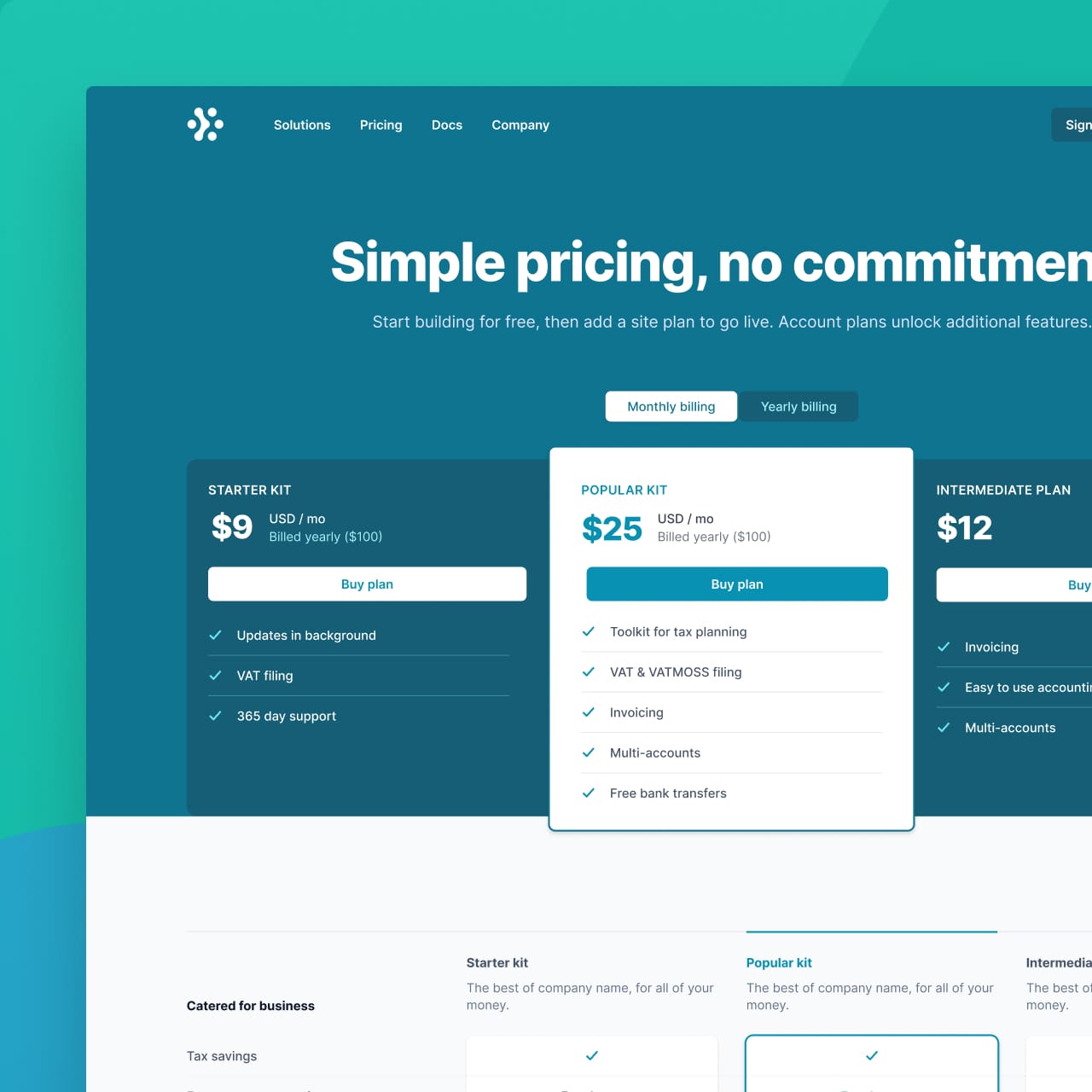 Pricing page screenshot with tiered plan options and comparison table on colorful blue and green background.