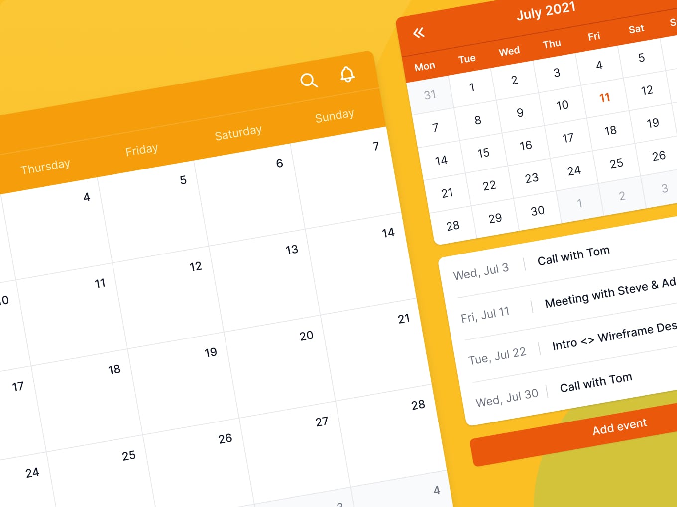 Calendar user interface screenshot with icon buttons and orange-yellow theme.