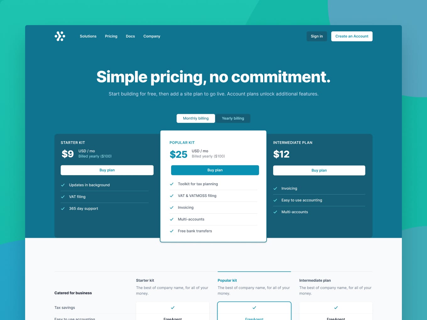 Pricing page screenshot with tiered plan options and comparison table on colorful blue and green background.