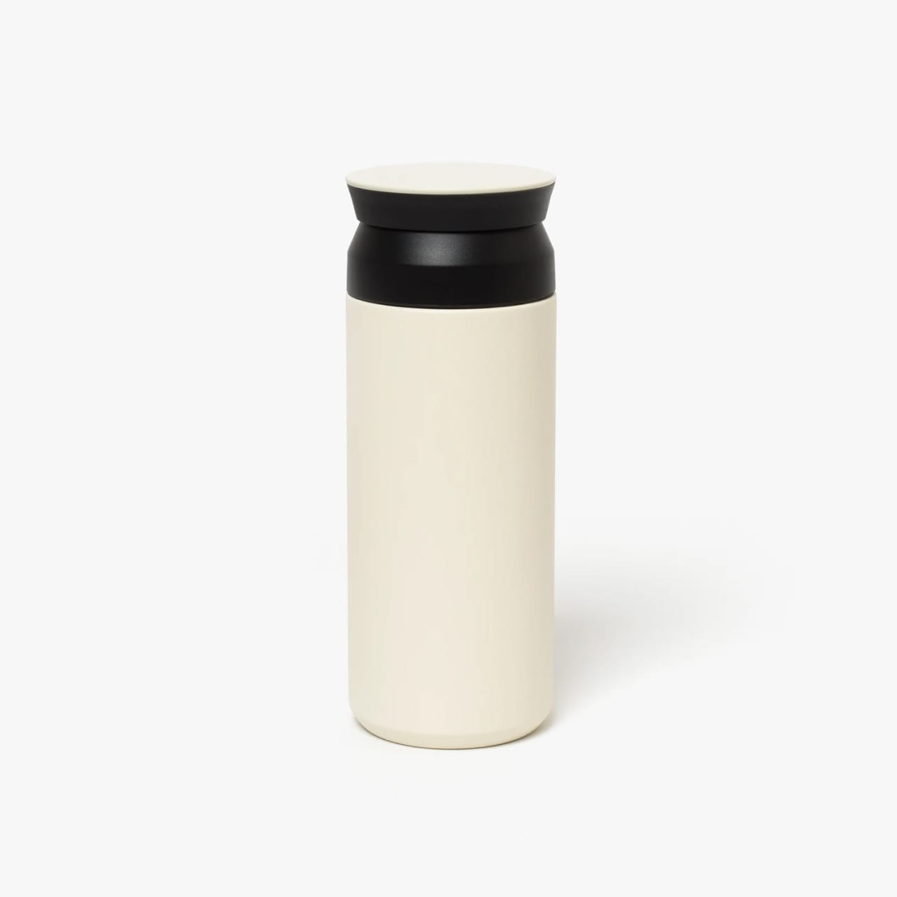 Insulated bottle with white base and black snap lid.