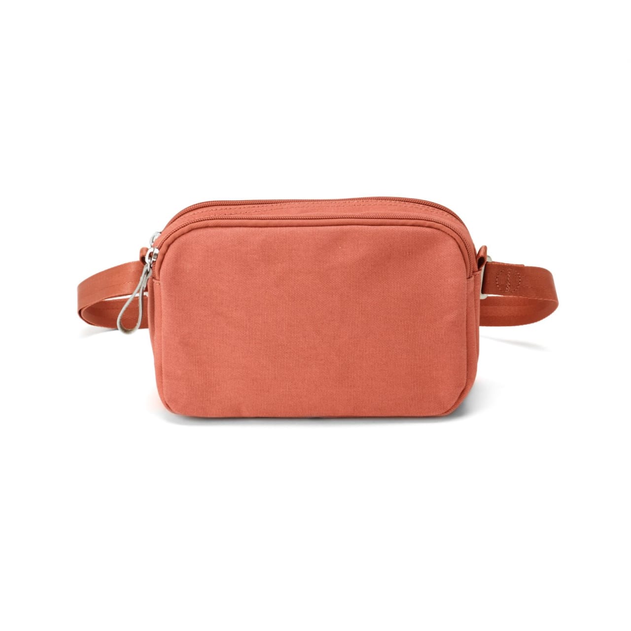 Salmon orange fabric pouch with match zipper, gray zipper pull, and adjustable hip belt.