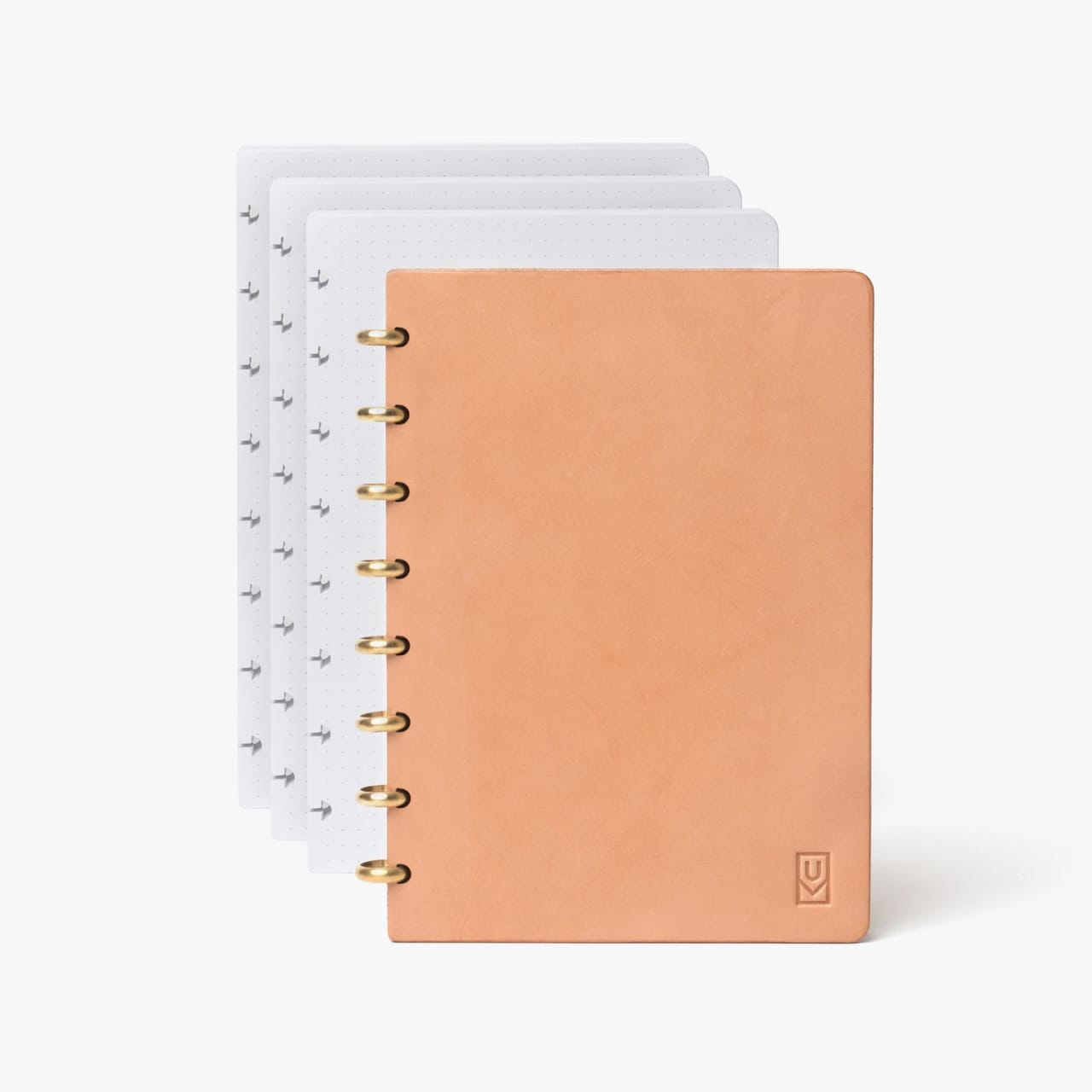 Natural leather journal with brass disc binding and three paper refill sets.