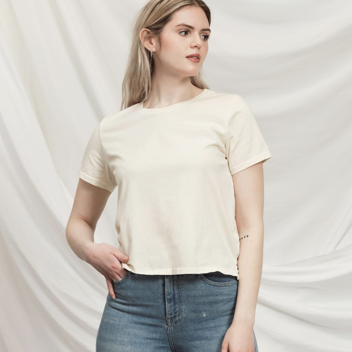 Woman wearing a comfortable cotton t-shirt.